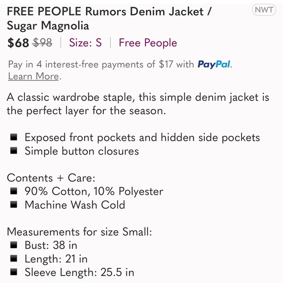 Host Pick!! FREE PEOPLE Rumors Denim Jacket in Sugar Magnolia NWT Size Small - Picture 6 of 6